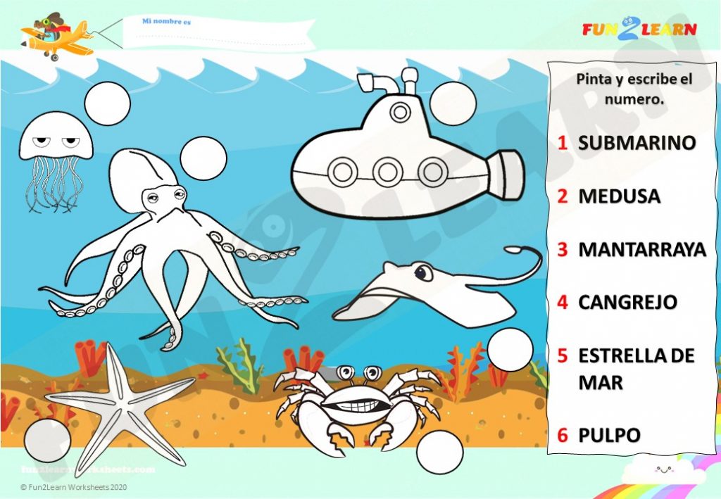 free Steve and Maggie Español sea animals worksheet